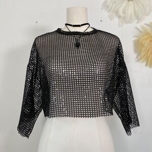 Womens Sequin Mesh Open Knit Cropped Top Size M/L Rave Whimsigoth Grunge Black